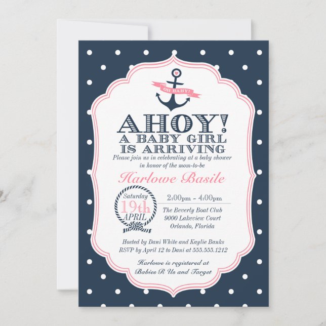 Nautical Baby Girl Shower Invitation polkadot (Front)