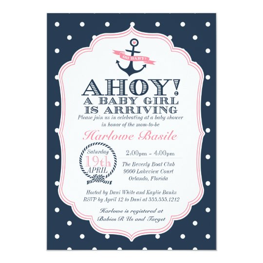 Nautical Baby Girl Shower Invitation polkadot