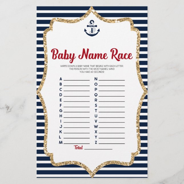 Nautical Baby Name Race Baby Shower Game Activity Stationery (Front)