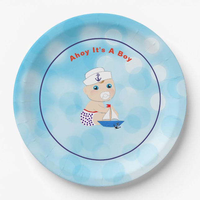 Nautical Baby Shower Ahoy It's A Boy Paper Plates (Front)