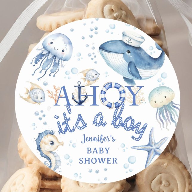 Nautical Baby Shower Ahoy It's A Boy Sailor Classic Round Sticker (Creator Uploaded)
