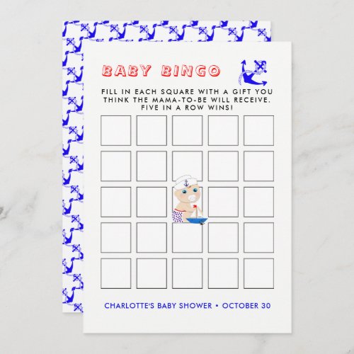 Nautical Baby Shower Boy Sailor Blue Bingo Cards 