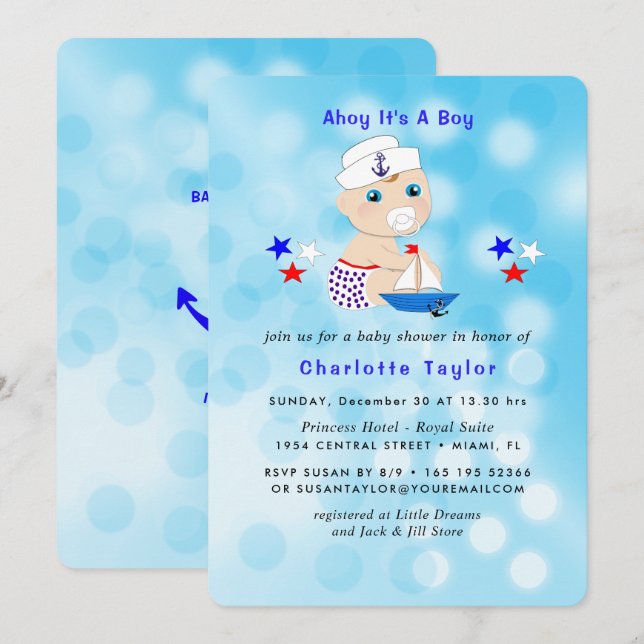 Nautical Baby Shower Boy Sailor Cute Blue Invitation (Front/Back)