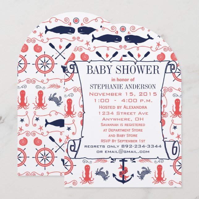 Nautical Baby Shower Coral Navy Whales Octopus Invitation (Front/Back)