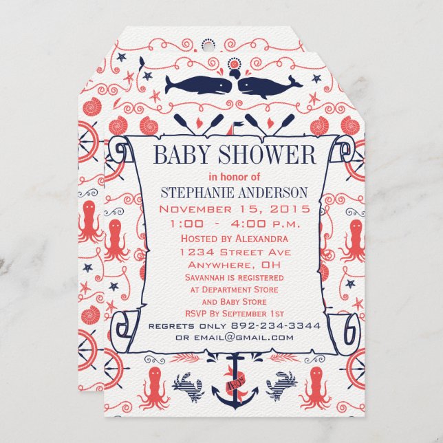 Nautical Baby Shower Coral Navy Whales Octopus Invitation (Front/Back)