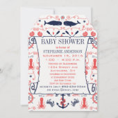 Nautical Baby Shower Coral Navy Whales Octopus Invitation (Front)