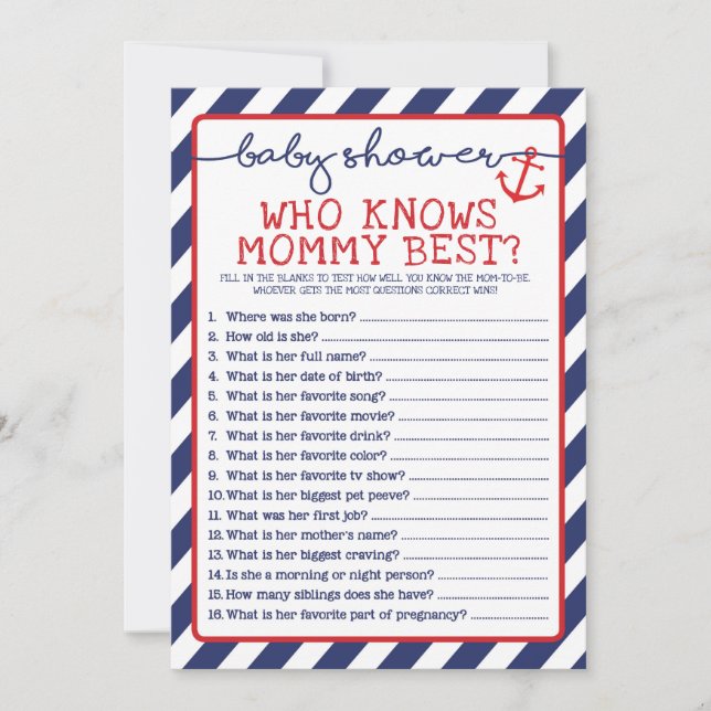 Nautical Baby Shower Game Who Knows Mommy Best Invitation (Front)