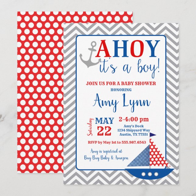 Nautical Baby Shower Invitation Ahoy Its A Boy (Front/Back)