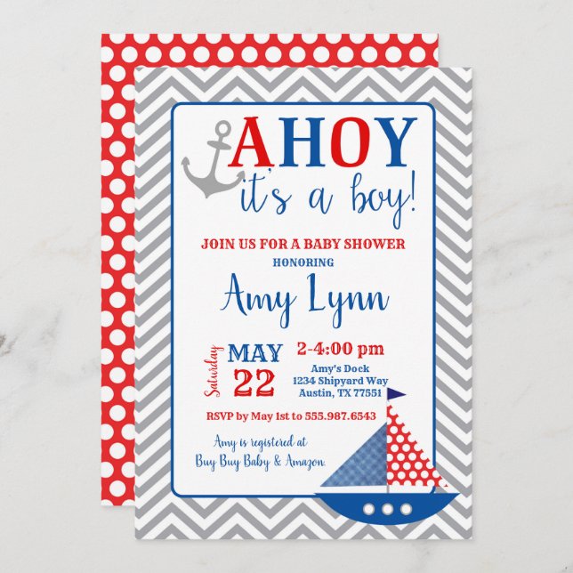 Nautical Baby Shower Invitation Ahoy Its A Boy (Front/Back)