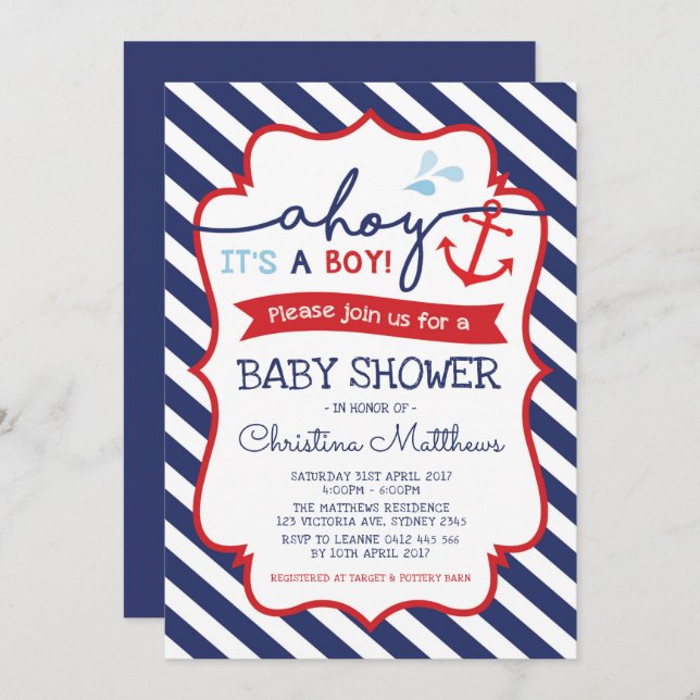 Nautical Baby Shower Invitation Ahoy It's a Boy! (Front/Back)