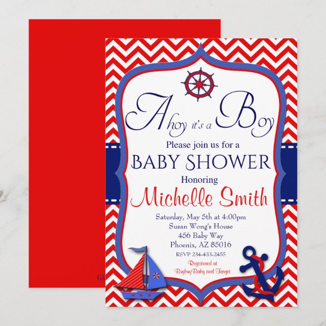 Nautical Baby Shower Invitation, Ahoy it's a Boy Invitation (Front/Back)