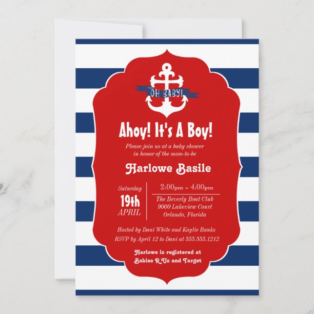 Nautical Baby Shower Invitation, Ahoy it's a boy Invitation (Front)