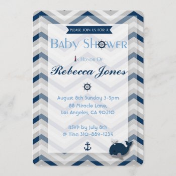 Nautical Baby Shower Invitation Boy Blue Chevron by LilMissMila at Zazzle