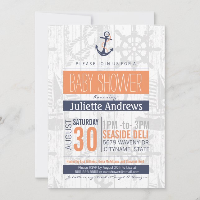 Nautical Baby Shower Invitation, Boy Blue Orange Invitation (Front)