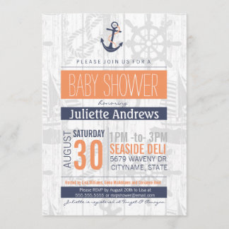 Nautical Baby Shower Invitation, Boy Blue Orange Invitation