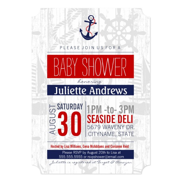 Nautical Baby Shower Invitation, Boy Blue Red Ahoy Card