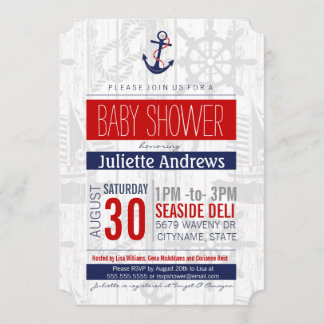 Nautical Baby Shower Invitation, Boy Blue Red Ahoy Invitation