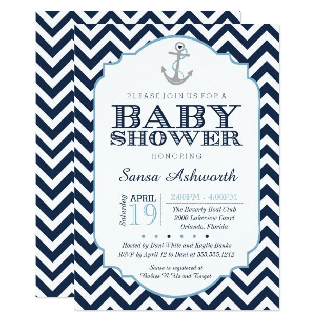 Nautical Baby Shower Invitation, Chevron Boy Blue Card