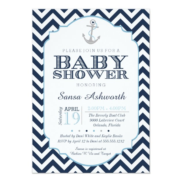 Nautical Baby Shower Invitation, Chevron Boy Blue Card