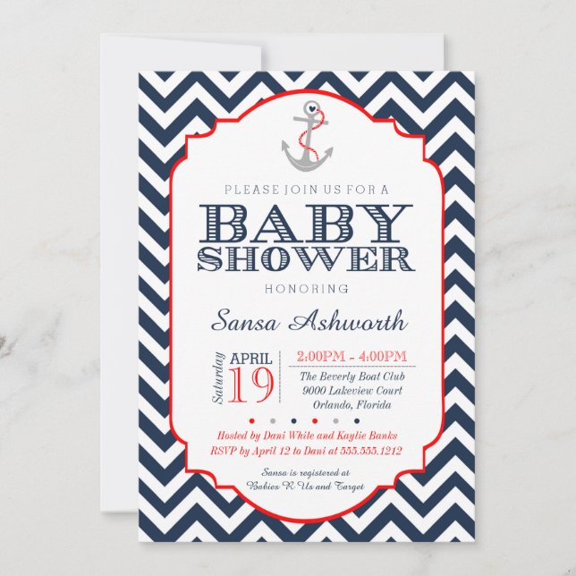 Nautical Baby Shower Invitation, Chevron red navy Invitation (Front)