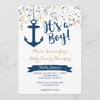 Nautical Baby Shower Invitation- Navy And Gold Invitation by Pixabelle at Zazzle