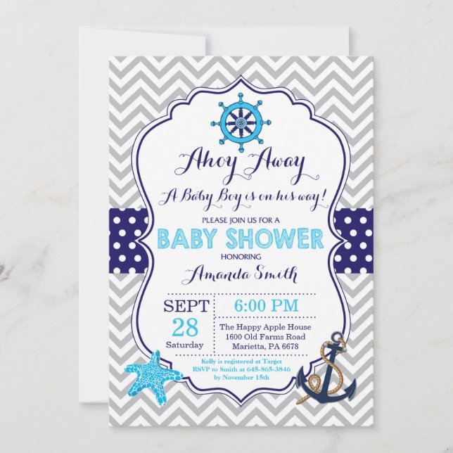 Nautical Baby Shower Invitation Navy Blue Gray (Front)