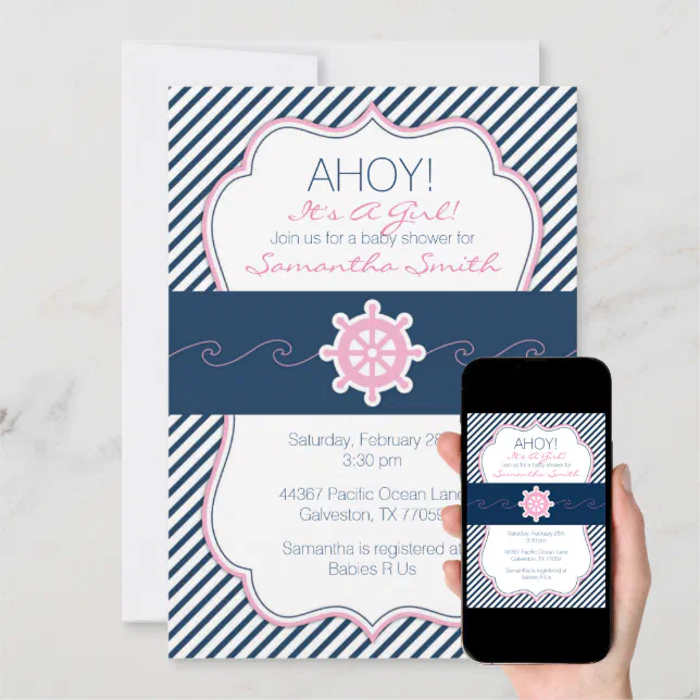 Nautical Baby Shower InvitationNavy Blue & Pink Invitation Zazzle
