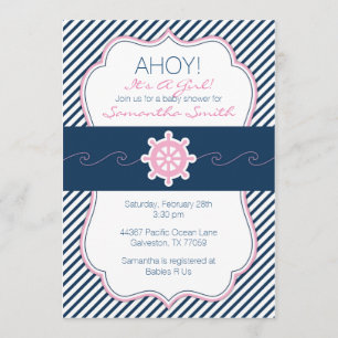 Nautical Baby Shower Invitation-Navy Blue & Pink Invitation