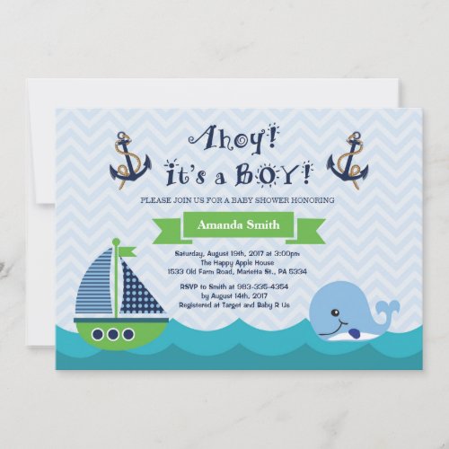 Nautical Baby Shower Invitation Navy Gree and Blue