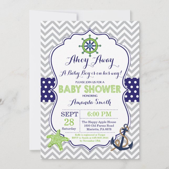Nautical Baby Shower Invitation Navy Green Gray (Front)