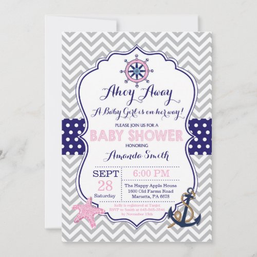 Nautical Baby Shower Invitation Navy Pink Gray