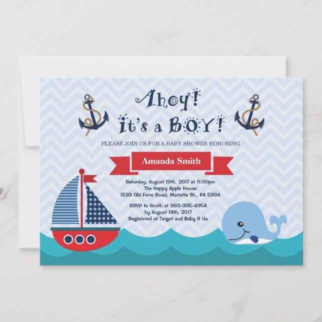 Nautical Baby Shower Invitation Navy Red and Blue (Front)