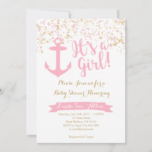 Nautical Baby Shower Invitation_ Pink and Gold Invitation