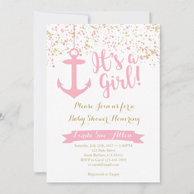 Nautical Baby Shower Invitation- Pink and Gold Invitation (Front)