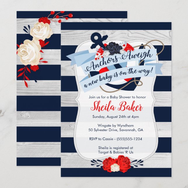 Nautical Baby Shower Invitation - Sailor Theme (Front/Back)