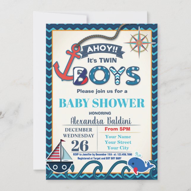 Nautical Baby Shower Invitation Twins (Front)