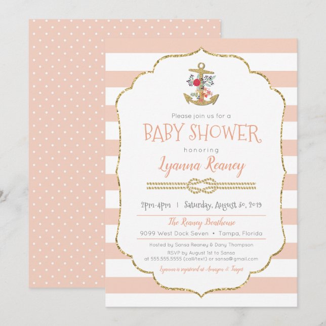 Nautical Baby Shower Invitation with Floral Anchor (Front/Back)