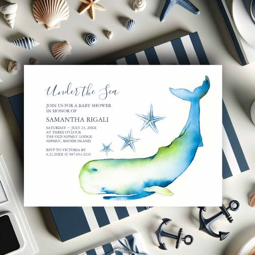 Nautical Baby Shower Invitations Watercolor Whale