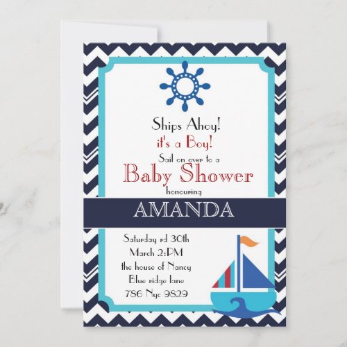 Chevron Stripes and Nautical sailboat baby shower Personalized Invitations