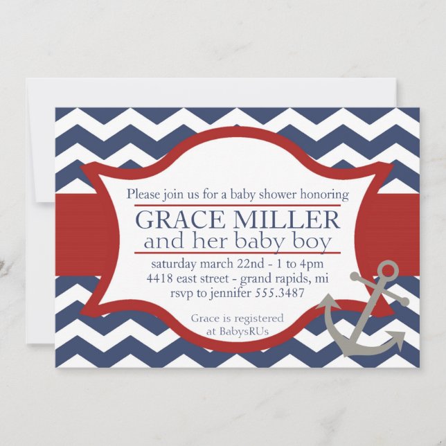 Nautical Baby Shower Invite. Navy blue and red. Invitation (Front)