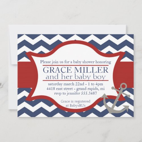Nautical Baby Shower Invite. Navy blue and red.