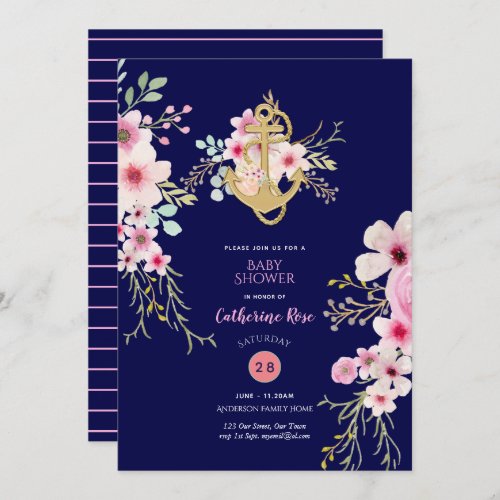 Nautical Baby Shower Invite Navy Blue Pink Flora