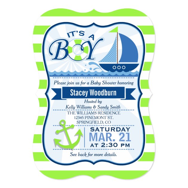 Nautical Baby Shower; Lime Green & Blue Invitation
