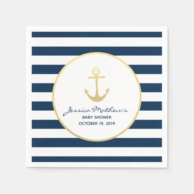 Nautical Baby Shower Navy Gold Anchor Napkins (Front)