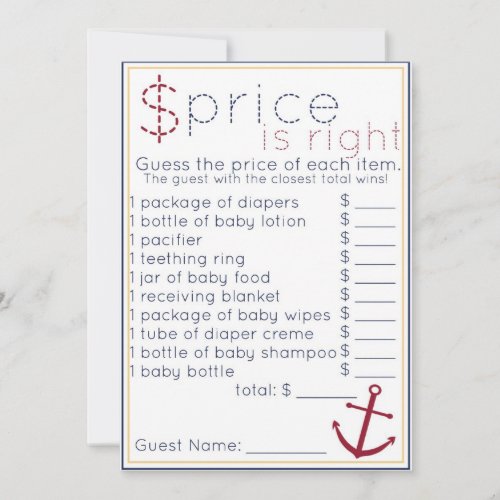 Nautical Baby Shower Price Is Right Game Personalized Announcements