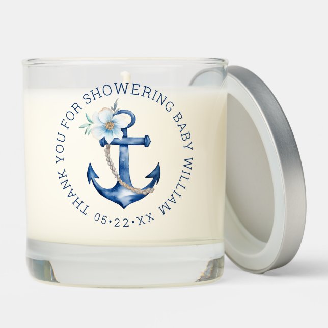 Nautical Baby Shower Scented Candle | Blue Anchor  (Lid)
