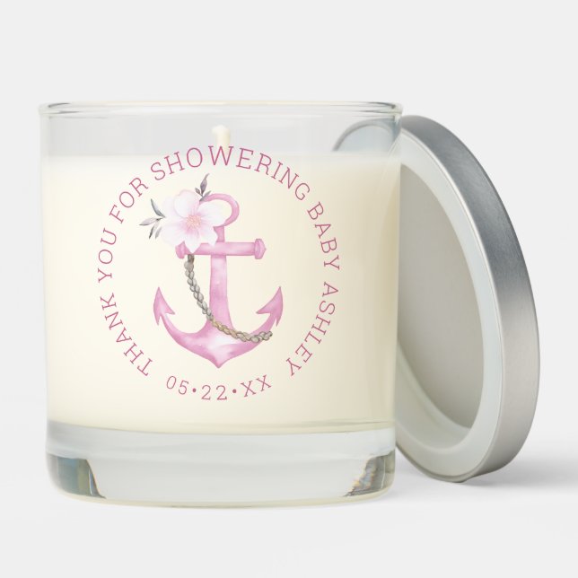 Nautical Baby Shower Scented Candle | Pink Anchor  (Lid)