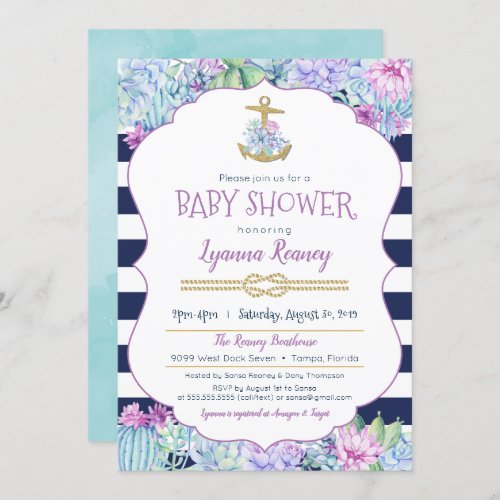 Nautical Baby Shower Succulents Navy Blue Lavender Invitation