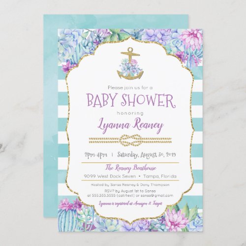 Nautical Baby Shower Succulents Turquoise Lavender Invitation