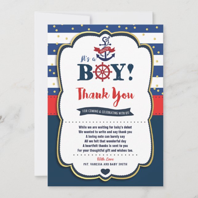 Nautical Baby Shower Thank You Card Boy (Front)